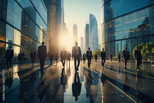 Motion blur photo of business people walking down a busy city street surrounded by towering skyscrapers created with Generative AI technology