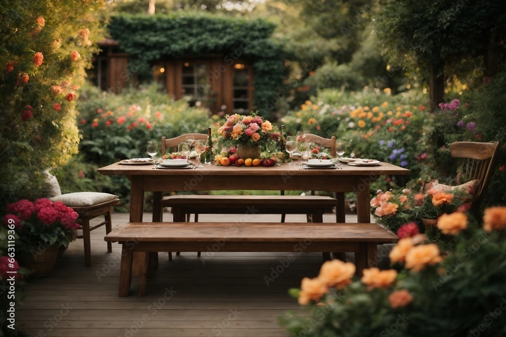 A cozy wooden dining table nestled in a lush garden A cozy wooden dining table nestled in a lush garden