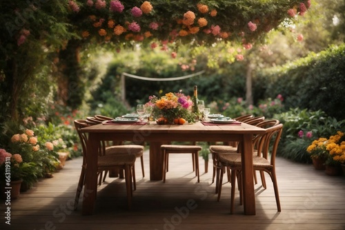 A cozy wooden dining table nestled in a lush garden