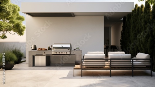 a minimalist BBQ setup, featuring a pristine grill with clean lines, surrounded by an inviting outdoor seating area © ra0