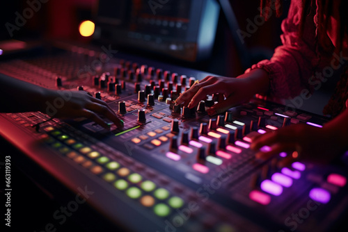 Close-up of woman's hand adjusting buttons on audio mixer in recording studio in neon lighting