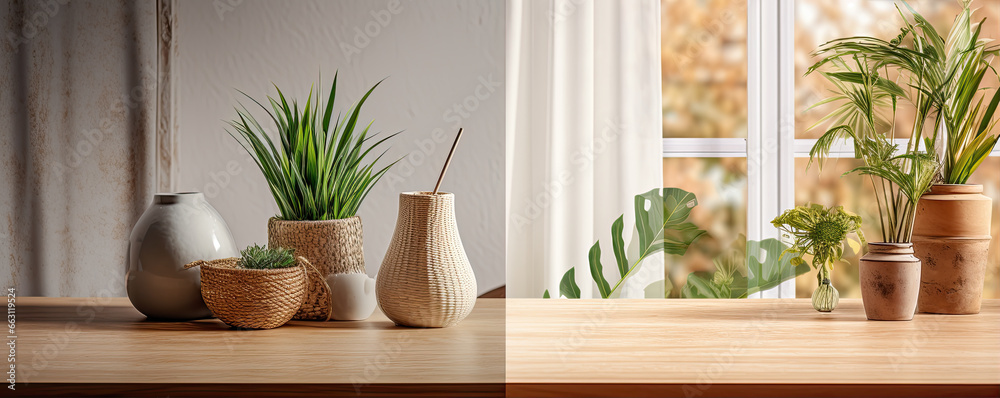 Wooden table with green flowers decoration.