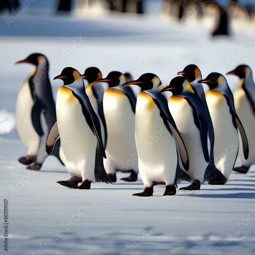 A colony of penguins waddling in a conga line on an icy dance floor, wearing festive hats1 photo