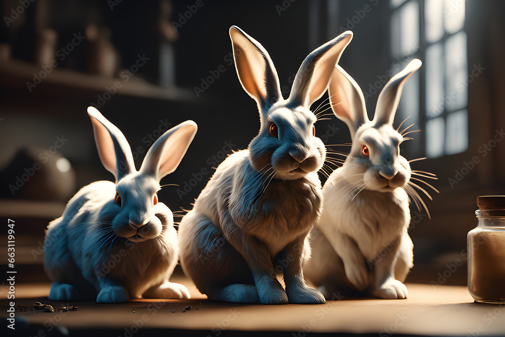 Fototapeta premium Draw the three rabbits at home. generative ai