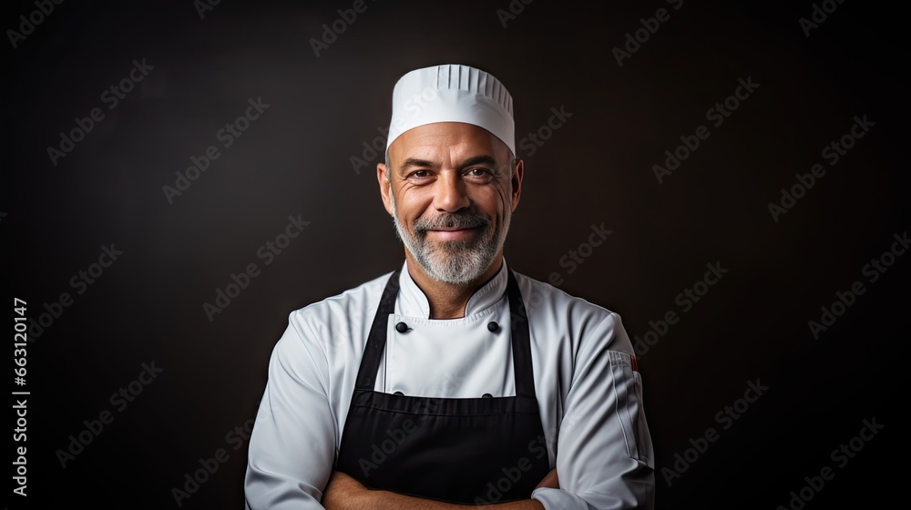 Image of smiling American chef looking at camera on dark gray background. Image of smiling American chef looking at camera on dark gray background.