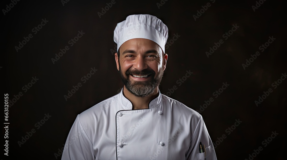 Image of smiling American chef looking at camera on dark gray background. Image of smiling American chef looking at camera on dark gray background.