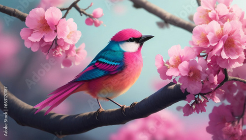 a colorful bird perched on a branch of a tree with pink flowers in the background and a blurry background. generative ai