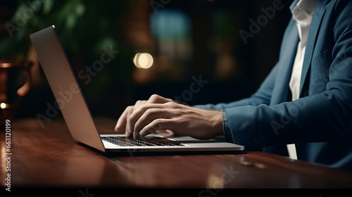 A person typing on a laptop. Medium shot of a man typing on a laptop. Generative Ai