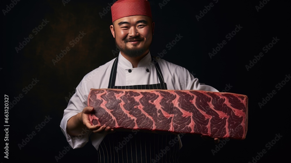 Studio shot, smiling face looking at camera. of a mustachioed butcher holding an appropriately sized block of Japanese Wagyu beef - obrazy, fototapety, plakaty 