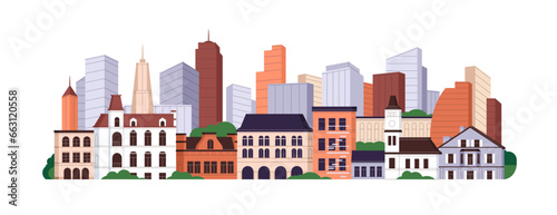 Modern cityscape. Old and modern buildings, urban houses. City real estate, architecture. High multistory and low small constructions. Flat graphic vector illustration isolated on white background