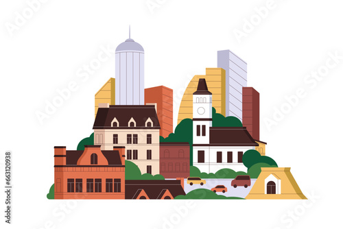 City architecture, modern new and old buildings, car road. Cityscape, urban landscape. High multistory and low-rise houses, constructions. Flat graphic vector illustration isolated on white background