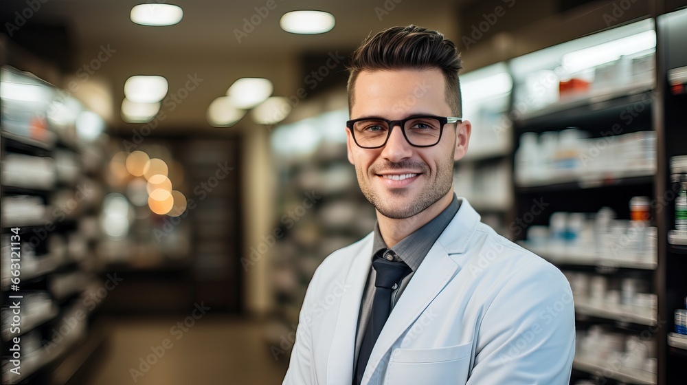 Handsome young male caucasian druggist pharmacist in white medical coat smiling and looking at camera in pharmacy drugstore Handsome young male caucasian druggist pharmacist in white medical coat smiling and looking at camera in pharmacy drugstore