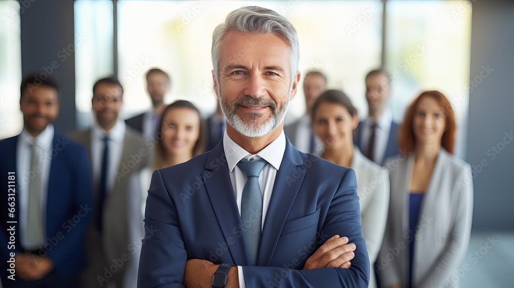 Handsome business CEO executive business man with arms crossed standing in office with colleagues in the background. Handsome business CEO executive business man with arms crossed standing in office with colleagues in the background.