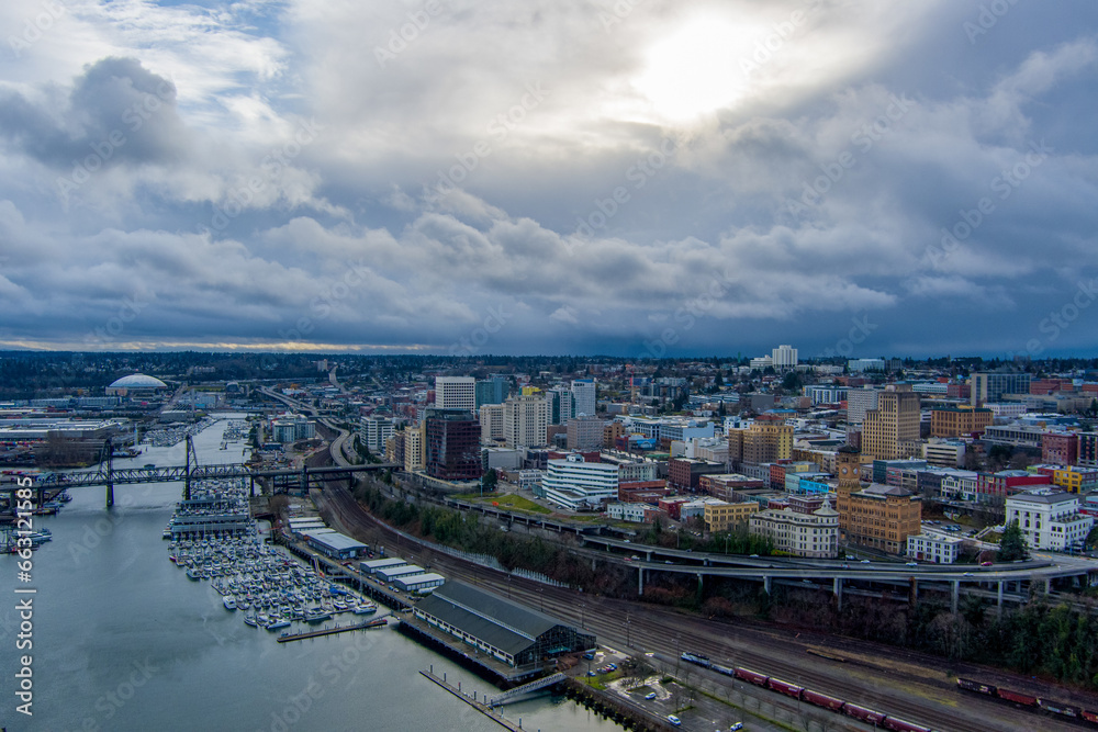 Aerial view of the Tacoma waterfront in December