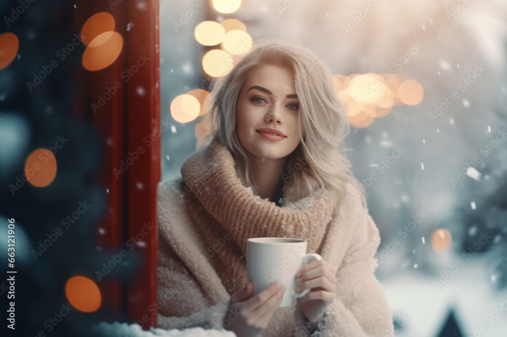 A beautiful young woman drinks cocoa on a bench in winter A beautiful young woman drinks cocoa on a bench in winter