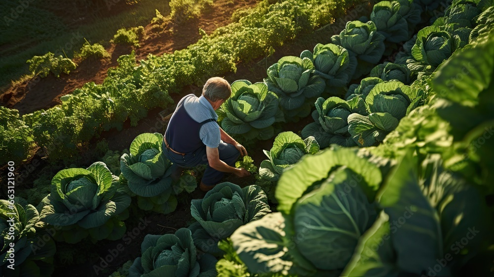 High angle, old farmer in a patch of fresh cabbage in his garden. - obrazy, fototapety, plakaty 