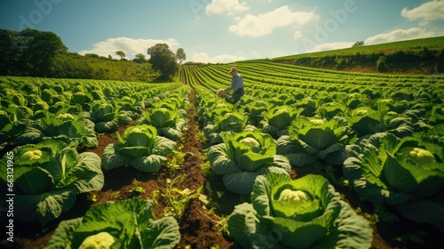 High angle, old farmer in a patch of fresh cabbage in his garden.