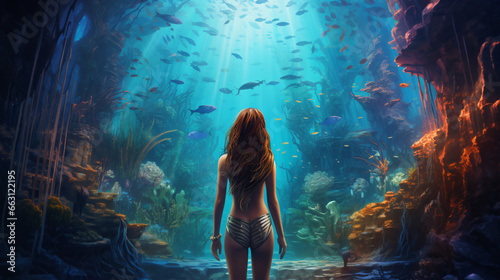 Girl undersea world back view