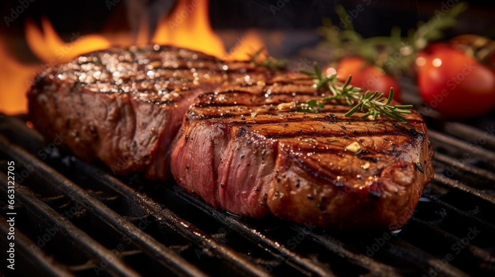 a perfectly seasoned steak searing on a grill, with grill marks enhancing its rich texture and flavor