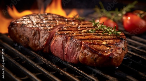 a perfectly seasoned steak searing on a grill, with grill marks enhancing its rich texture and flavor