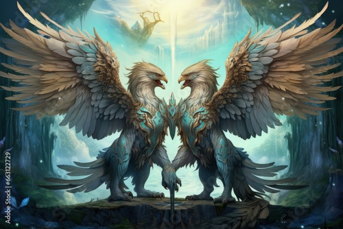 Loyal griffins, majestic creatures with the body of a lion and the wings of an eagle - Generative AI photo