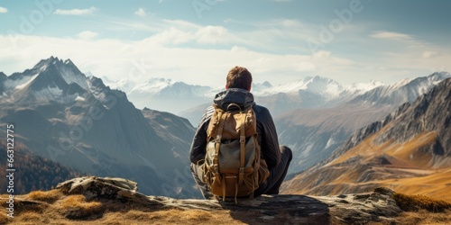 a image Man traveler on mountain summit enjoying nature, Generative AI © Horsi