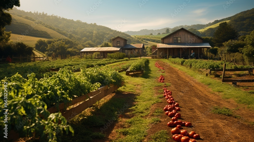 A picturesque countryside scene featuring a charming, weathered barn surrounded by rows of neatly tended tomato plants heavy with plump, red fruit