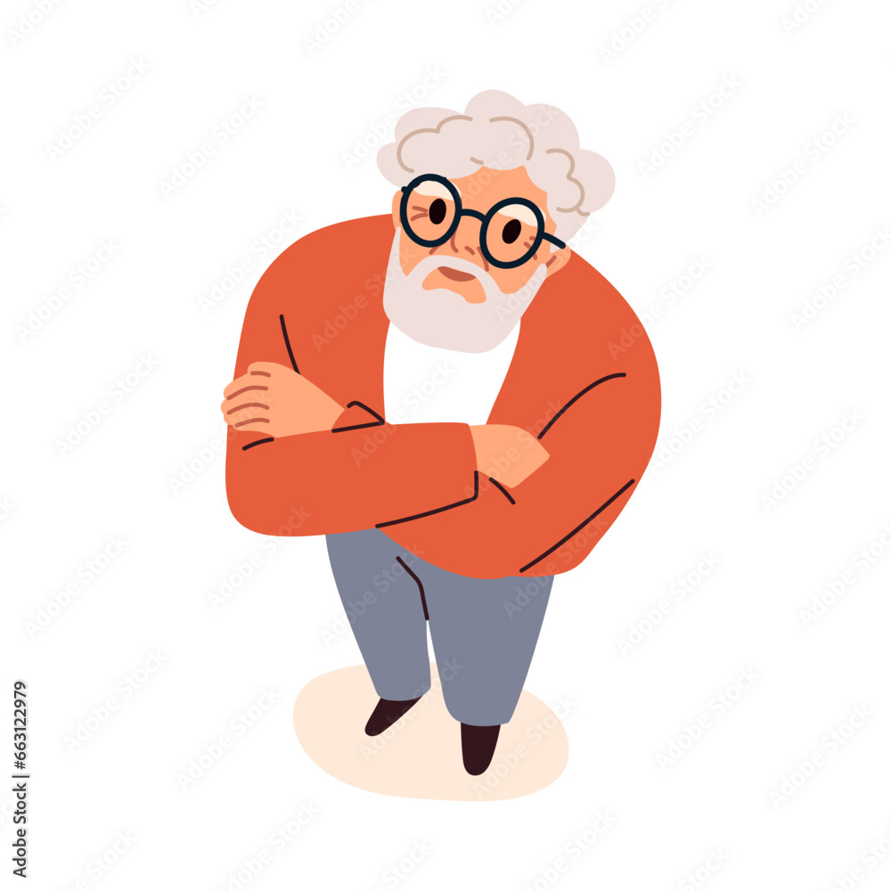 Senior man, surprised excited face looking up. Top down view on old person, amazed shocked emotion. Elderly stunned character standing, staring. Flat vector illustration isolated on white background