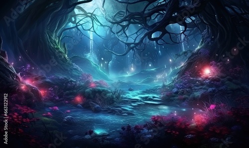 The enchanting fantasy forest landscape takes you on a journey into a world of magic and wonder.