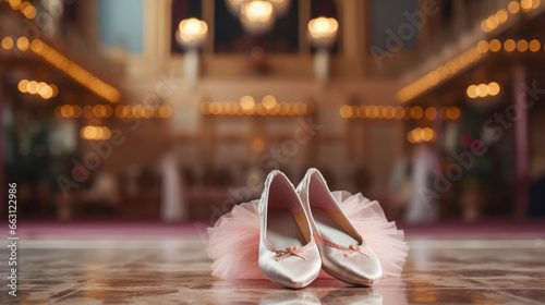 satin pink ballet shoes, pointe shoes lie on the theater stage, hall, ballerina outfit, rehearsal, performance, show, auditorium, clothing, architecture, formal, elegant photo