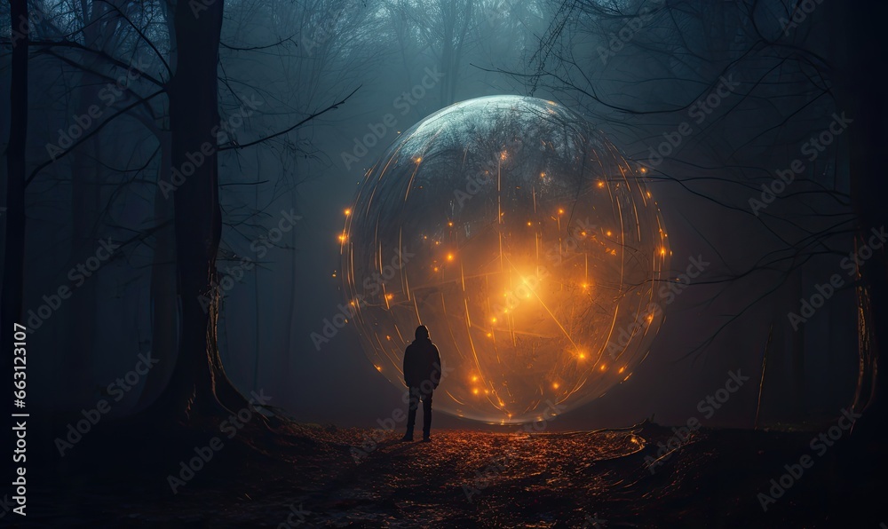 Dive into the realms of science fiction and exploration with a stunning photo of a man standing beside an otherworldly alien ship shaped like a glowing sphere.