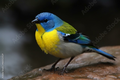 Bird with blue and yellow bill. Generative AI