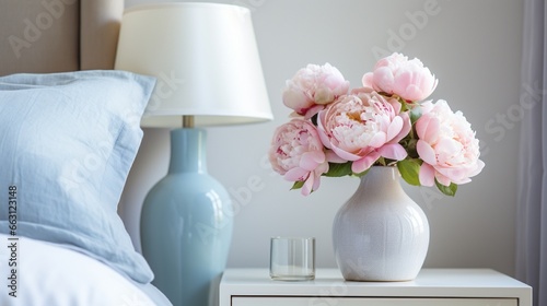 pink rose in vase and placed on bed side table generated by AI tool
