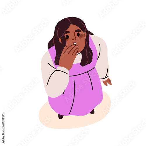 Shocked amazed woman looking up. Overhead, top down view on astonished fear emotions, female face. Surprised person covering mouth with palm. Flat vector illustration isolated on white background