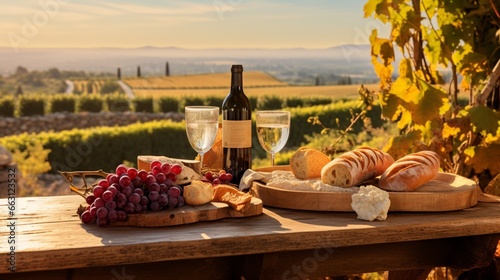 A picturesque vineyard breakfast scene, with a wooden table adorned with a rustic bread basket, clusters of juicy grapes, and glasses of fine red wine, set against a backdrop of rolling vineyards