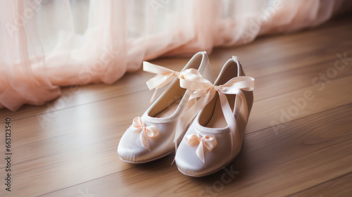 satin pink high-heeled wedding shoes stand on the floor, bride's outfit, footwear, delicate beautiful background, feminine, ballet dancing shoes, bow, ribbon, beige