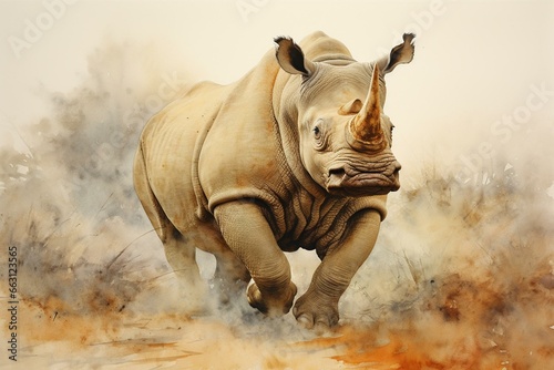 watercolor painting of rhinoceros. Generative AI