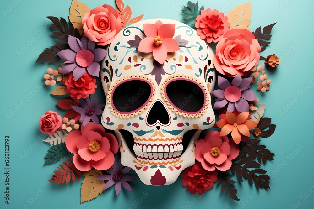 Mexican Day of the Dead banner Background, Halloween Dia De Los Muertos, Mexican Sugar Skulls, with flowers, colorful and vibrant