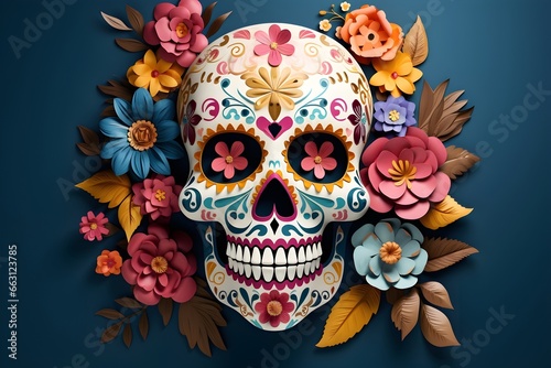 Mexican Day of the Dead banner Background, Halloween Dia De Los Muertos, Mexican Sugar Skulls, with flowers, colorful and vibrant