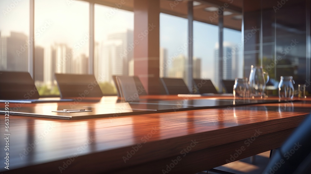 Close of up table with equipment in conference room. 3D Rendering 
