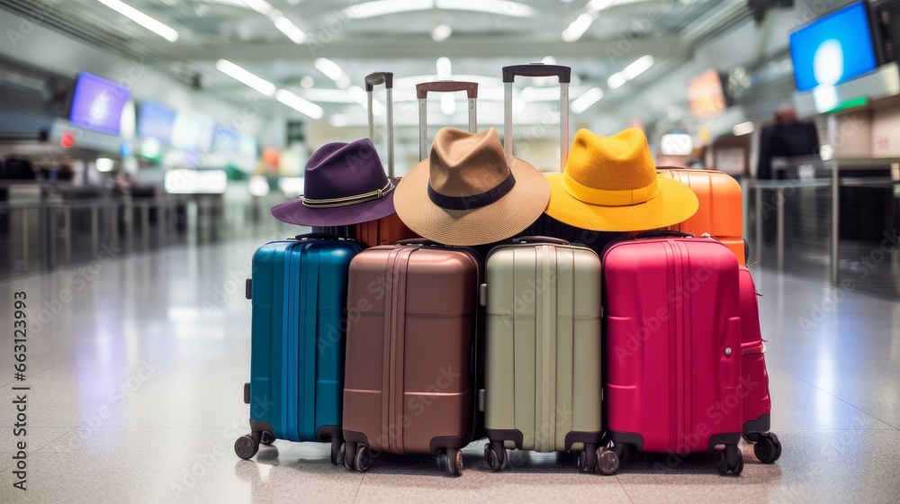 Vibrant luggage and a stylish hat arranged on a luggage cart in a contemporary airport terminal prior to departure on a journey Vibrant luggage and a stylish hat arranged on a luggage cart in a contemporary airport terminal prior to departure on a journey