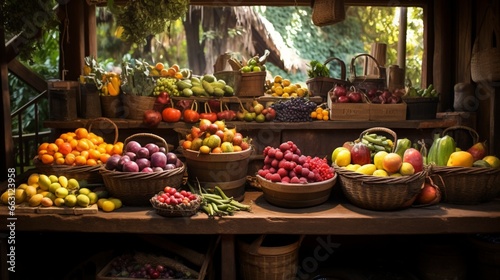 A quaint country market stall piled high with an assortment of jewel-toned fruits and vegetables, each one a testament to nature's palette