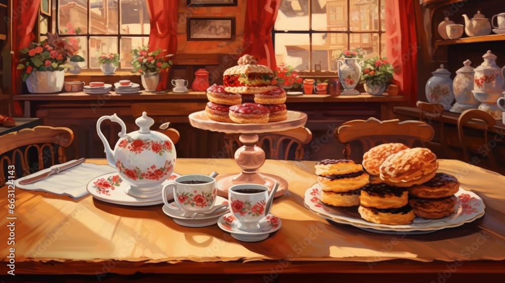A quaint European caf?(C) scene, where a delicate porcelain teapot accompanies a plate of warm, buttery scones, adorned with clotted cream and jam