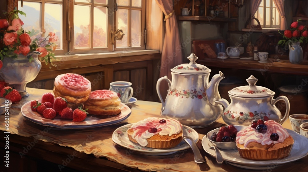A quaint European caf?(C) scene, where a delicate porcelain teapot accompanies a plate of warm, buttery scones, adorned with clotted cream and jam