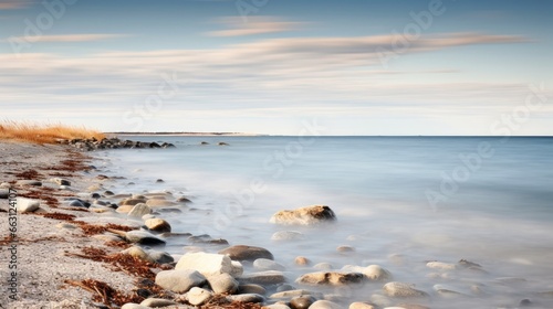 An impressionistic photograph capturing the scenic shoreline of Hudson Bay, Churchill, Manitoba, Canada. This image was created using a panning technique with a slow shutter speed