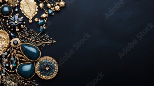 A jewelry-themed composition set against a dark backdrop adorned with hand-painted, artistic representations of luxurious adornments. This textured background