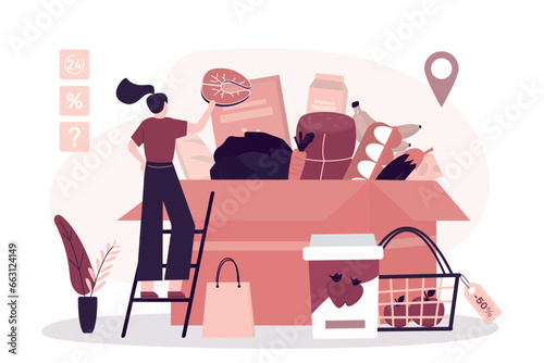 Woman customer add foodstuffs in cardboard box. Delivery from grocery store, online shopping. Popular food - milk, cheese, fruits and vegetables in basket. Healthy nutrition