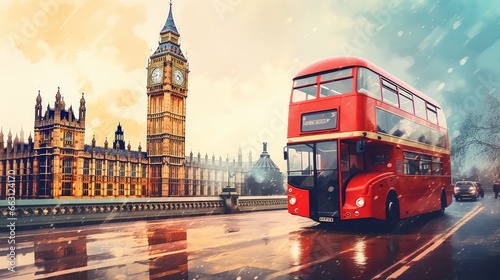 In London, United Kingdom, a classic red double-decker bus in action with the iconic Big Ben and the Palace of Westminster in the background, all captured in a vintage and retro aesthetic