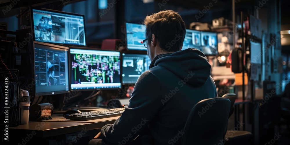 a image Back view portrait of a young man using laptop at his workplace, Generative AI a image Back view portrait of a young man using laptop at his workplace, Generative AI