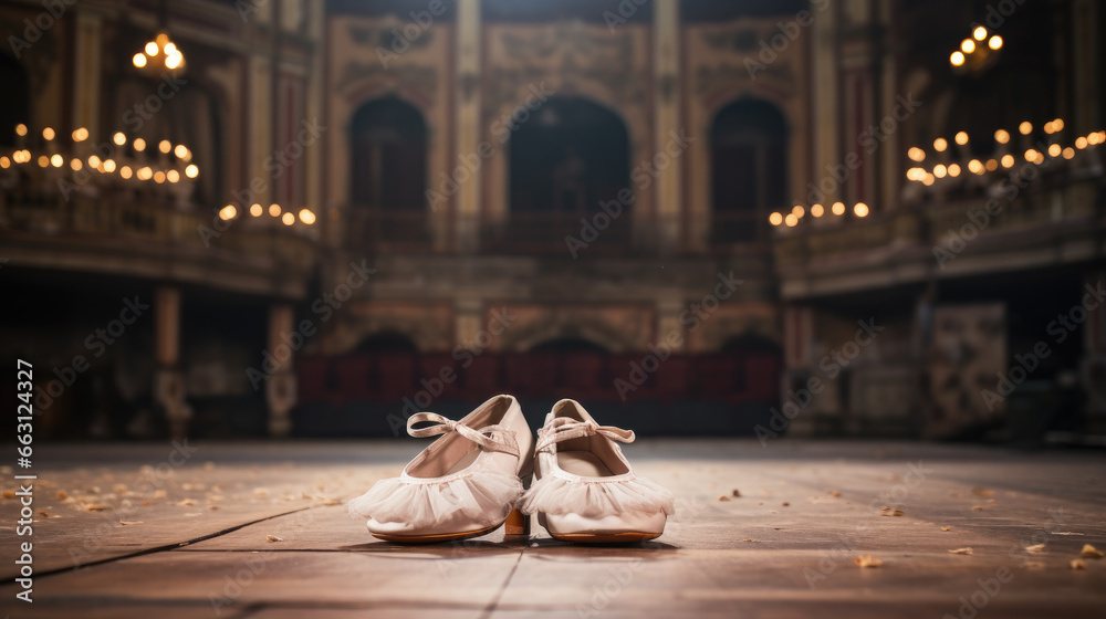 satin pink ballet shoes, pointe shoes lie on the theater stage, hall, ballerina outfit, rehearsal, performance, show, auditorium, clothing, architecture, formal, elegant - obrazy, fototapety, plakaty 